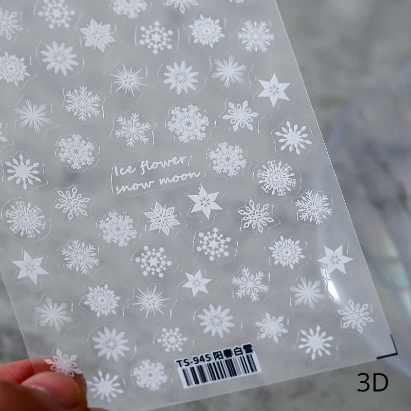 3D Snowflake Nail Stickers: White Gold Rhinestone Decals