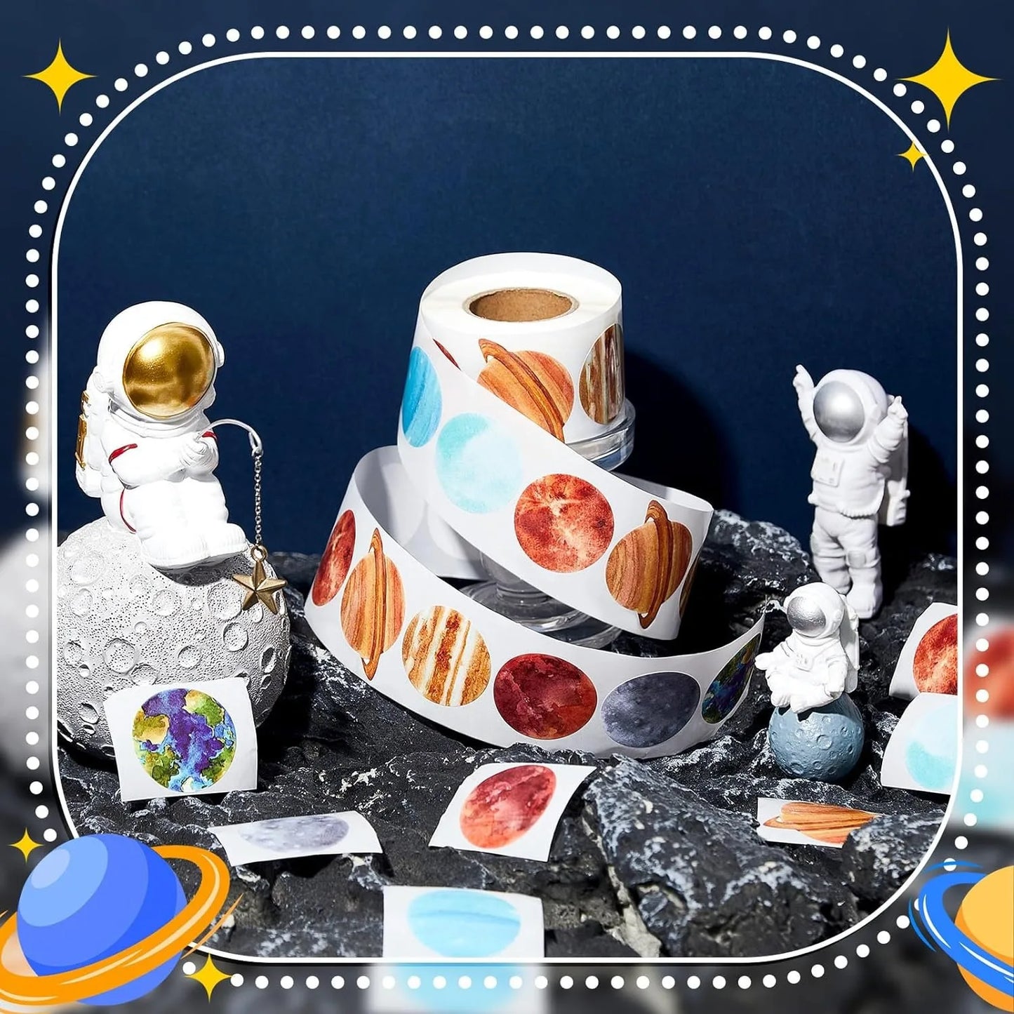 500Pcs /1 Rolls 2.5cm/1inch Cartoon Starry Sky Planet Circle Sticker Decoration Gift Box Sticker Label Stationery Sticker