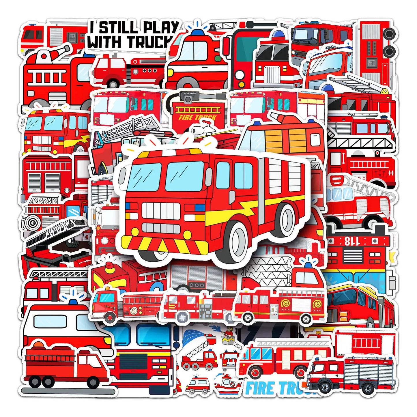 50Pcs Fire Truck Cartoon Waterproof Vinyl Stickers for Skateboard Snowboard