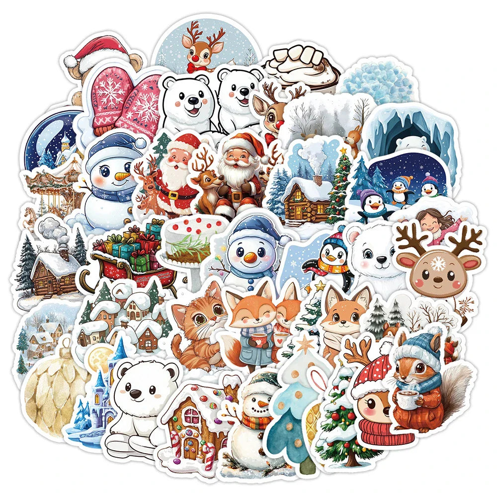 Cute Cartoon Christmas Animal Stickers Decals for Laptop, Phone, Suitcase, Kid Toy - 10/30/50/100pcs