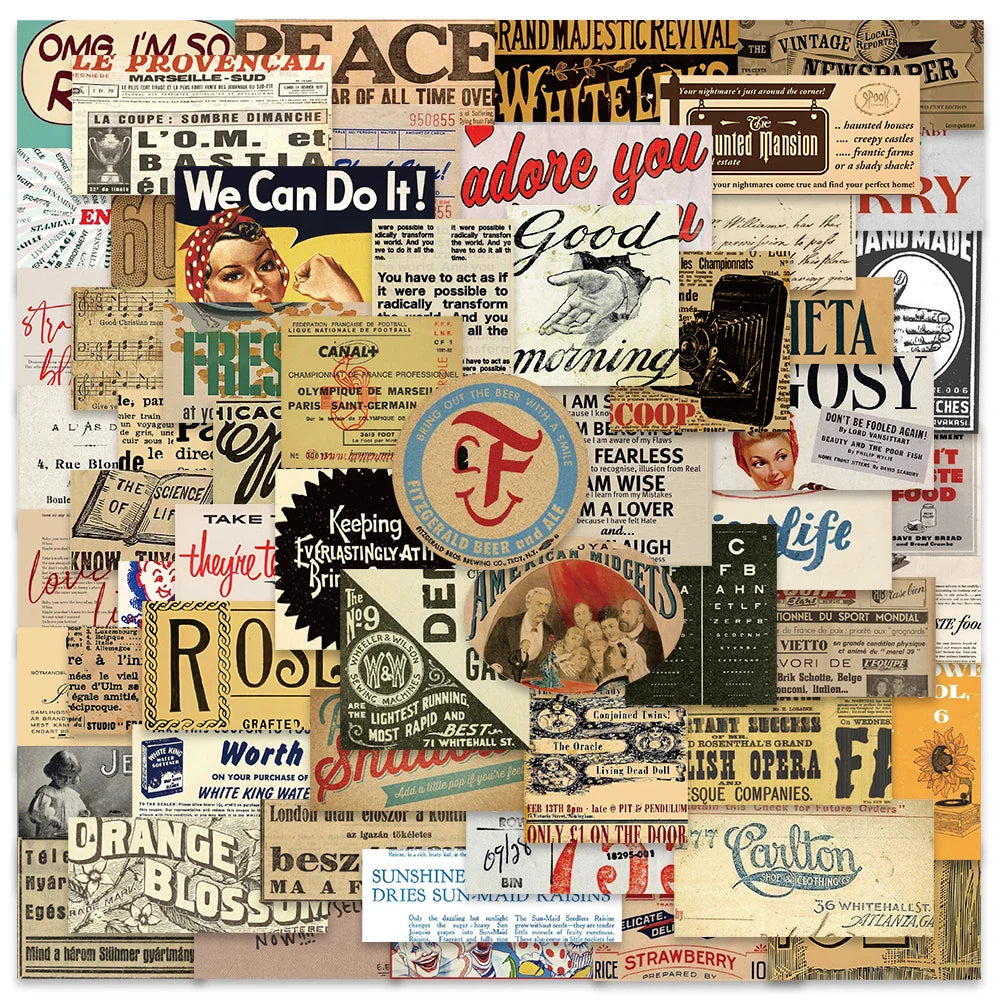 58PCS Vintage Slogan Newspaper Stickers for DIY Scrapbook, Laptop, Phone, Bike