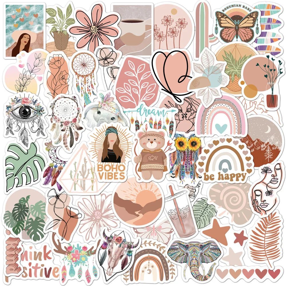 Bohemian Aesthetic Cartoon Stickers: Waterproof Decals for Laptop, Phone, Car, Luggage, Scrapbook (10/30/50pcs)