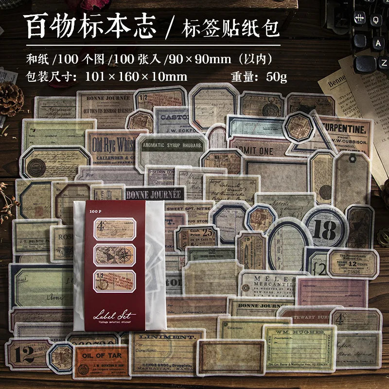 100Pcs Vintage Specimen Label Stickers for Scrapbooking and Journals