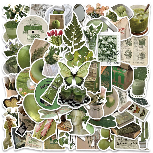 62pcs Green Series Lazy Breeze Aesthetic Stickers For Laptop Phone Luggage Guitar Skateboard Wateproof Graffiti Car Decals