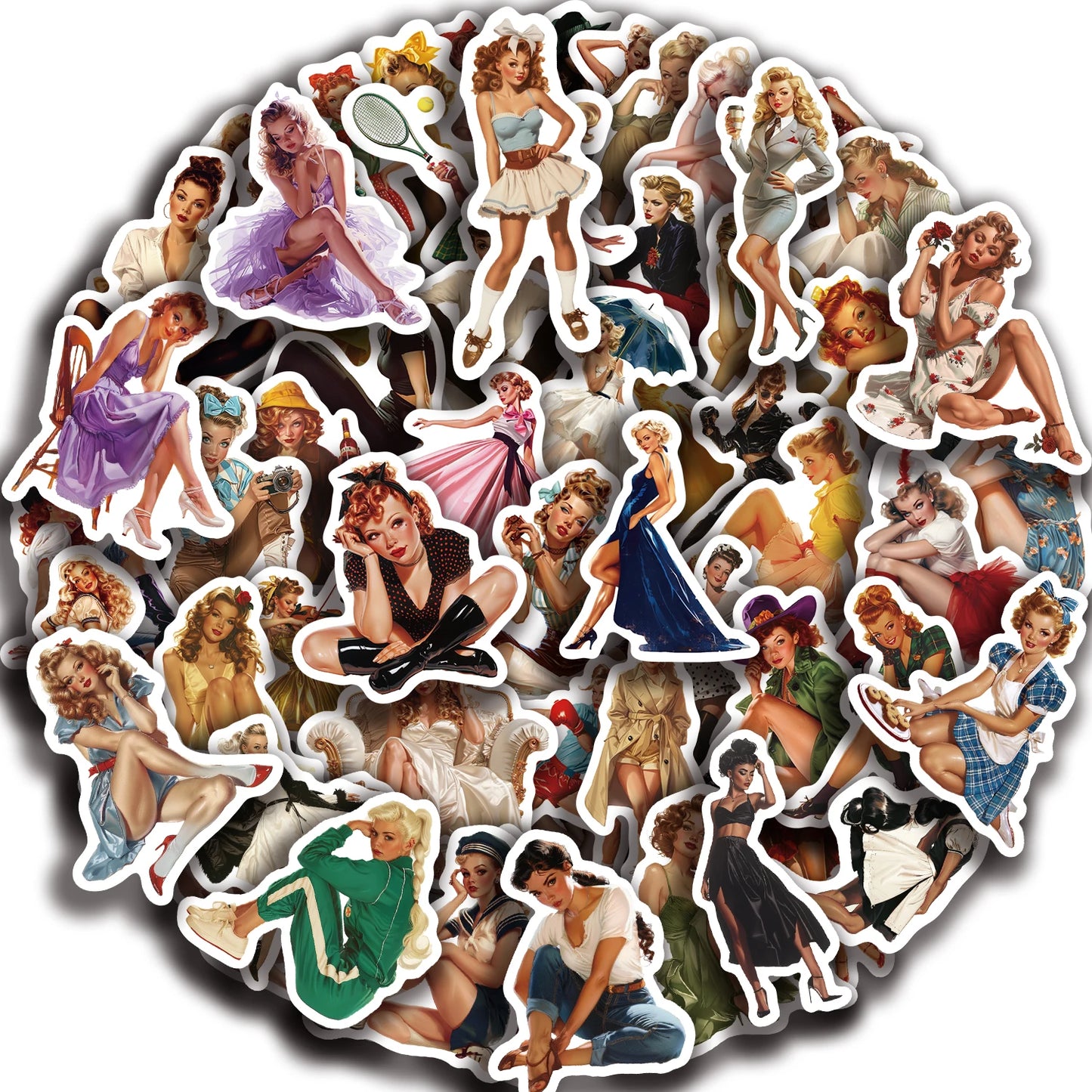 60 Retro Girl Vinyl Stickers: Laptop, Water Bottle, Car