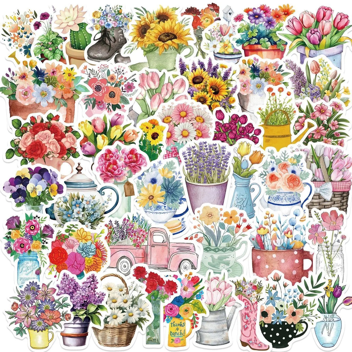 10/50PCS Cute Pretty Bottle Flower Stickers Aesthetic Potted Plant Decals DIY Scrapbook Phone Luggage Waterproof PVC Sticker