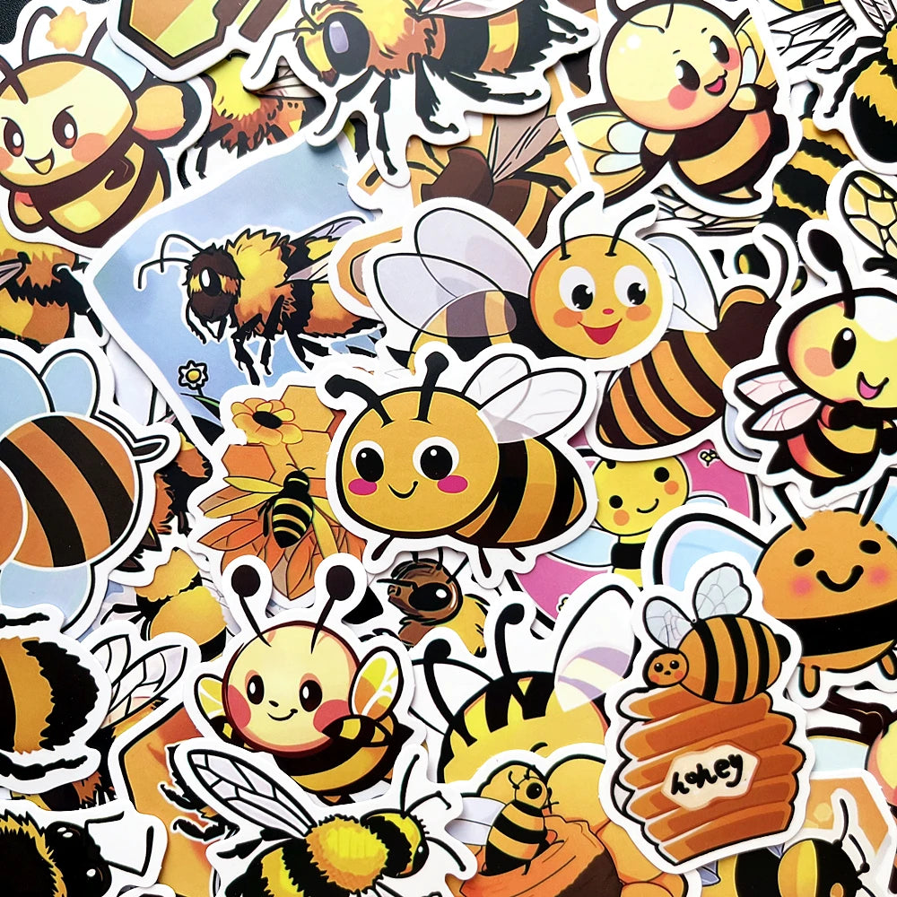 Yellow Bee Stickers for Laptop, Skateboard, Guitar, Fridge, Car, Bottle, Kids Toys (10/50 Pcs)