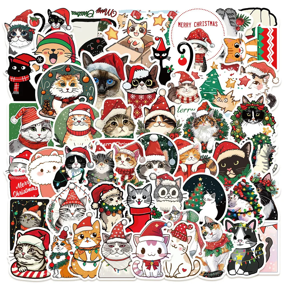 Cartoon Christmas Cat Stickers PVC Waterproof Skateboard Notebook Decor