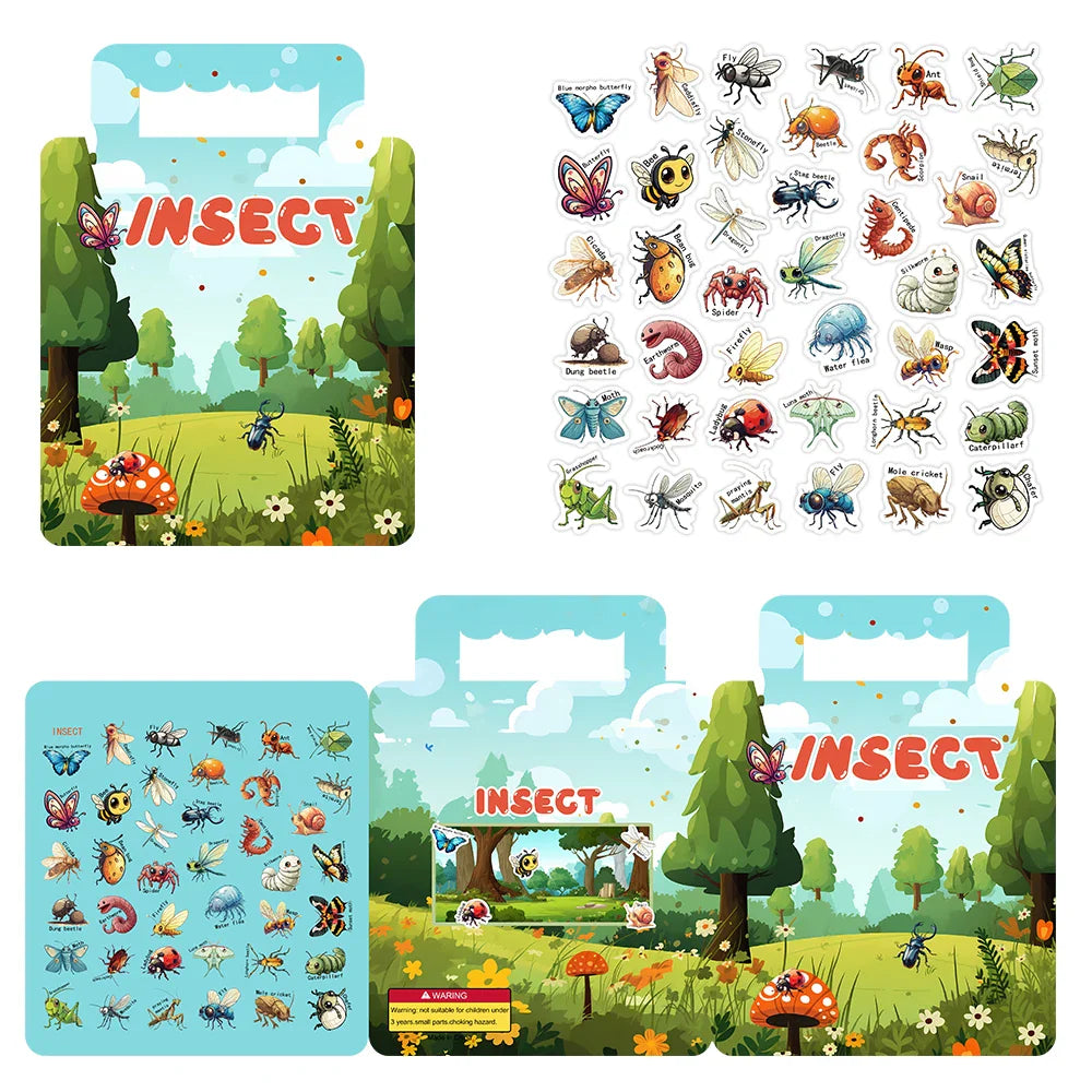 40PCS Insect Reusable Stickers Puzzle Game Cartoon Animal Learning Toys for Kids