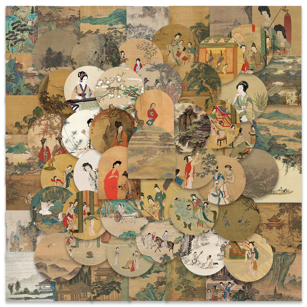 Vintage Landscape Lady Painting Stickers - 61PCS Decal Set for Laptop, Motorcycle, Luggage, Skateboard