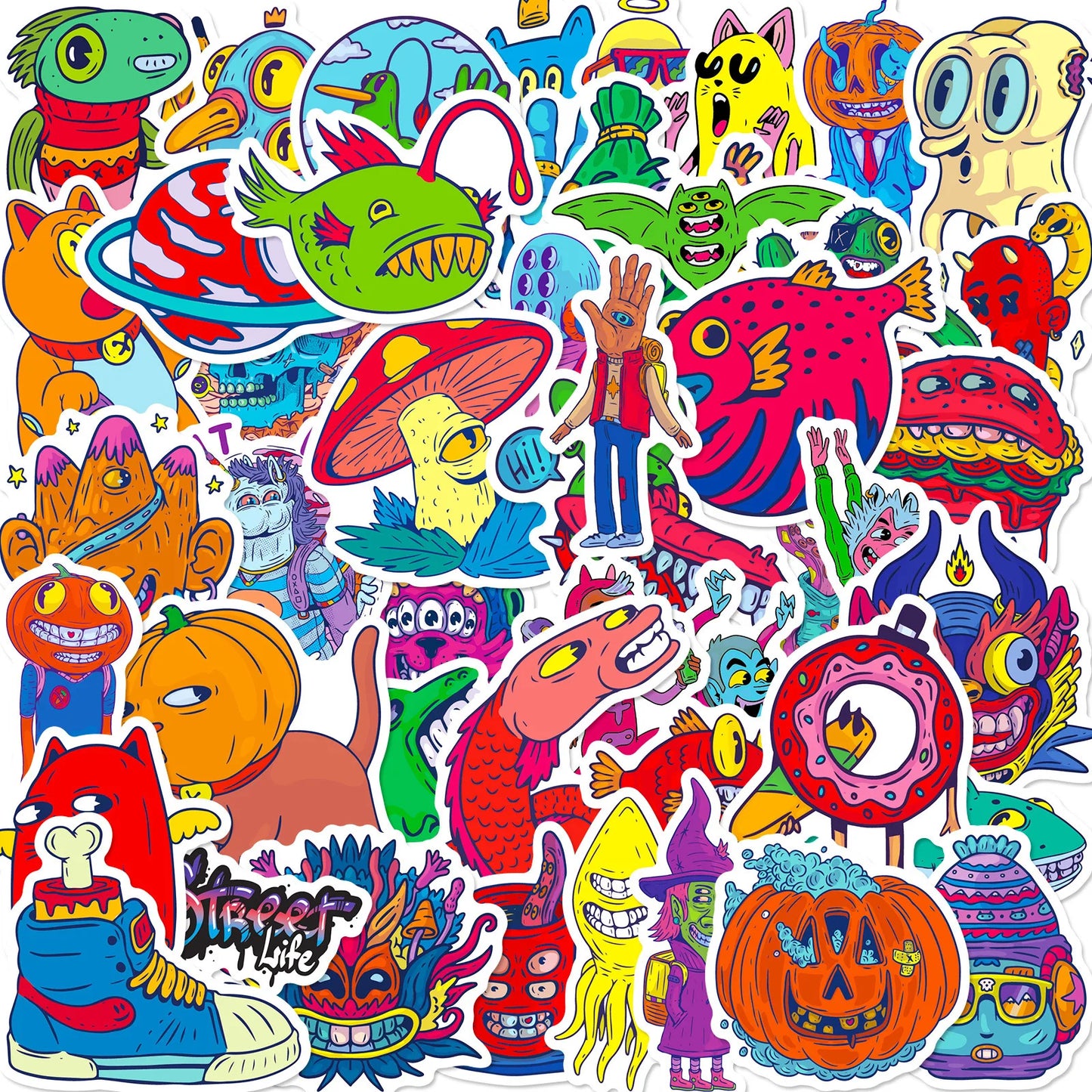 50Pcs Cute Monster Graffiti Stickers for Helmet, Wall, DIY Decor