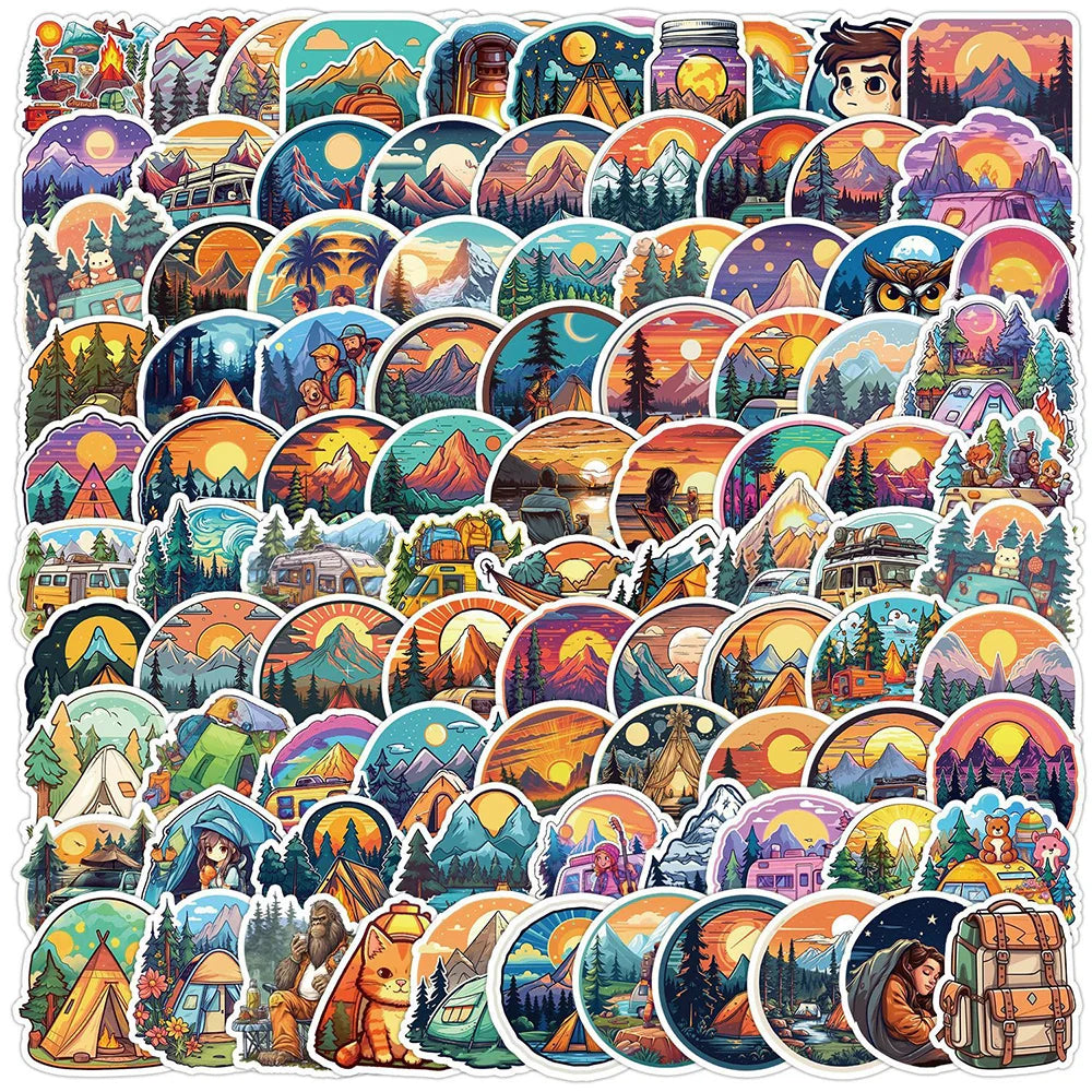 Funny Outdoor Hiking Camping Stickers - 10/30/50/100pcs Cartoon Graffiti Decals for Laptop, Phone, Suitcase