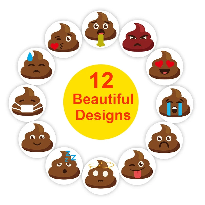 12 Novel Funny Designs Pet Dog Poop Emoticons Reward Sticker Roll 500pcs/1inch for Party Gift Magazine Gift Office Teacher Label
