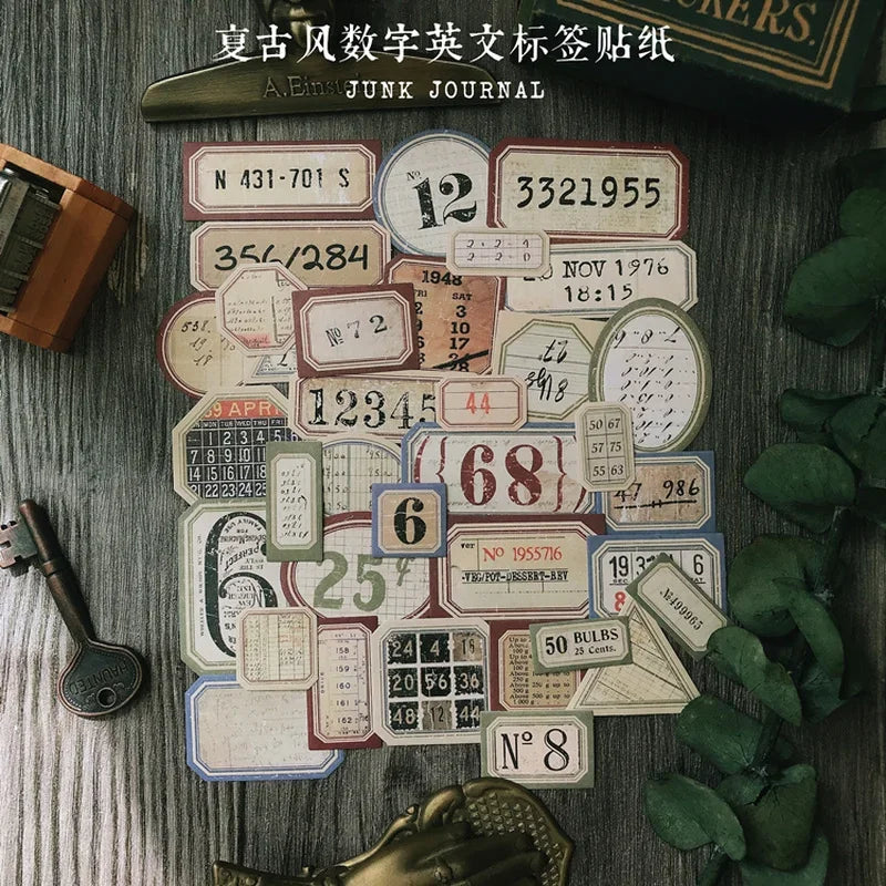 31Pcs Tim Holtz Style Number Junk Journal Label Vintage Stickers Retro DIY Album Planner Scrapbooking Material Craft Stickers