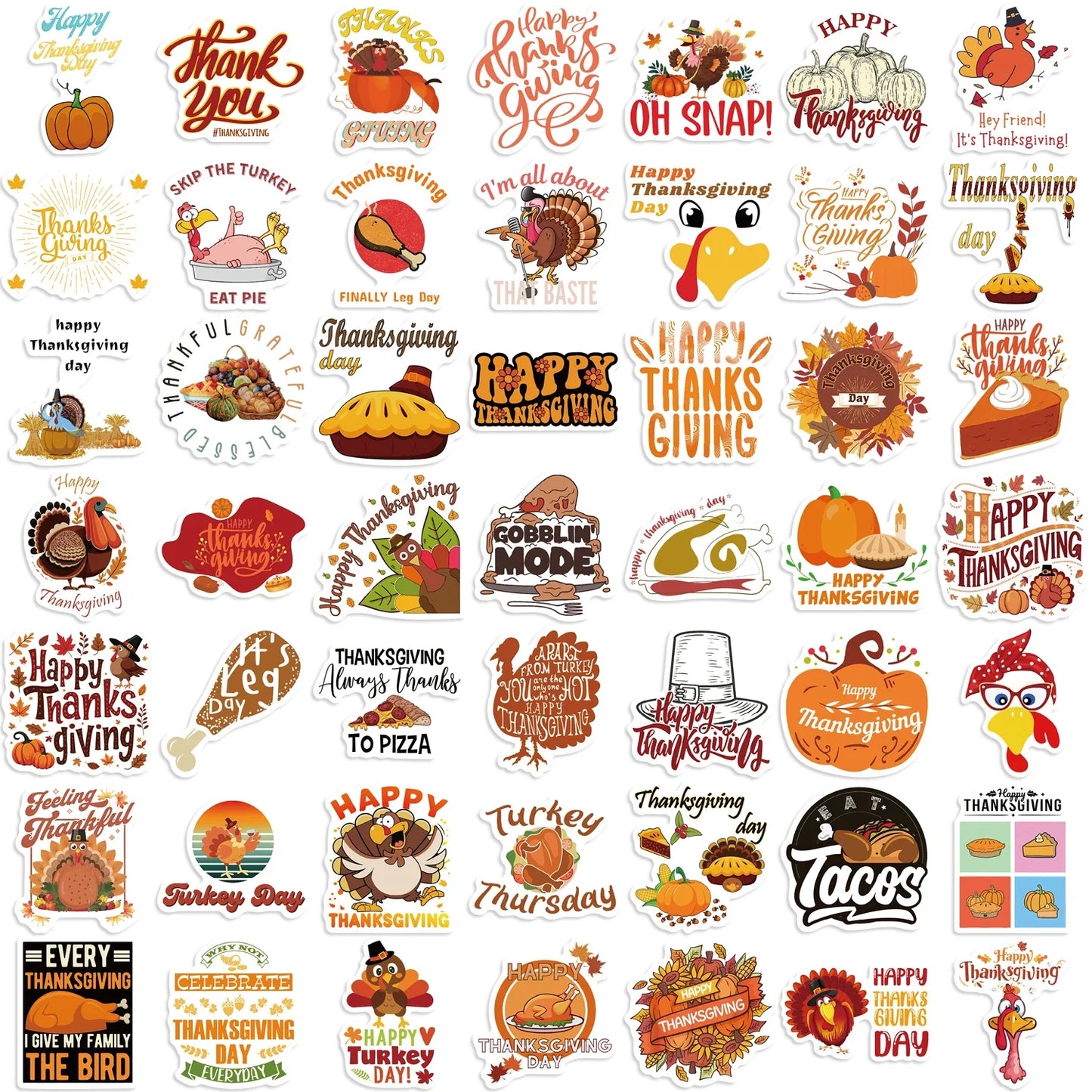 Thanksgiving Stickers 50PCS Waterproof Turkey Cartoon Harvest Decals