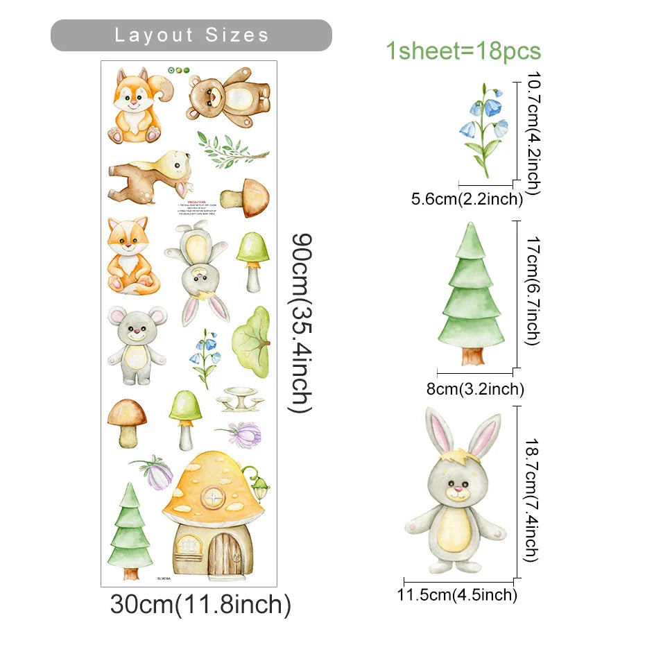 Cartoon Animal Wall Stickers: Rabbits, Bears, Trees Nursery Vinyl Decals for Kids Room Decor