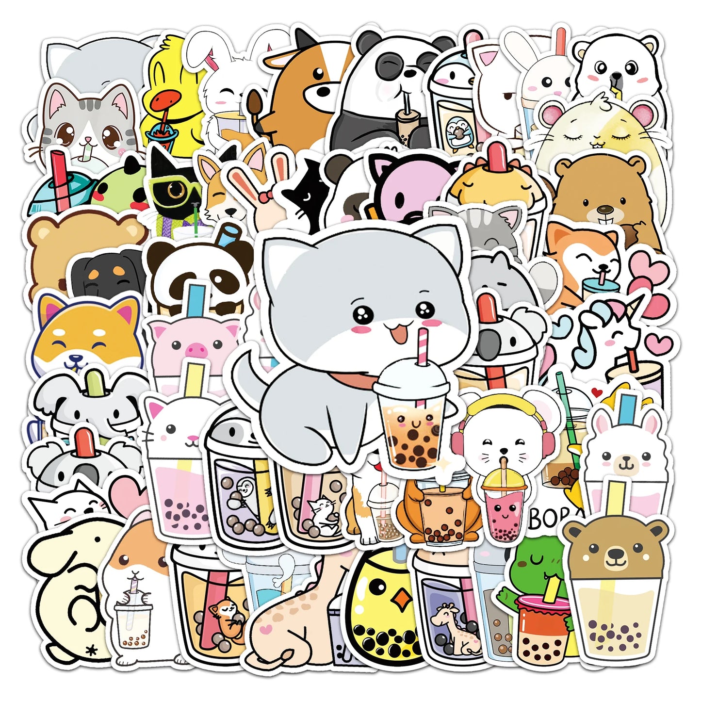 50Pcs Cute Cartoon Pet Milk Tea Waterproof Vinyl Stickers for Skateboard Snowboard Decals