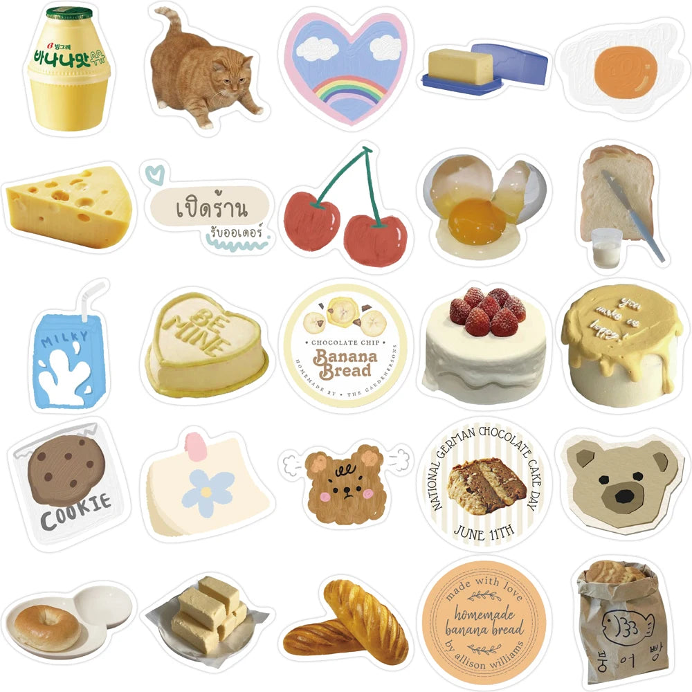10/63pcs INS Wind Butter Bread Stickers Decals Cartoon Graffiti DIY Notebook Luggage Wall Decoration PVC Sticker