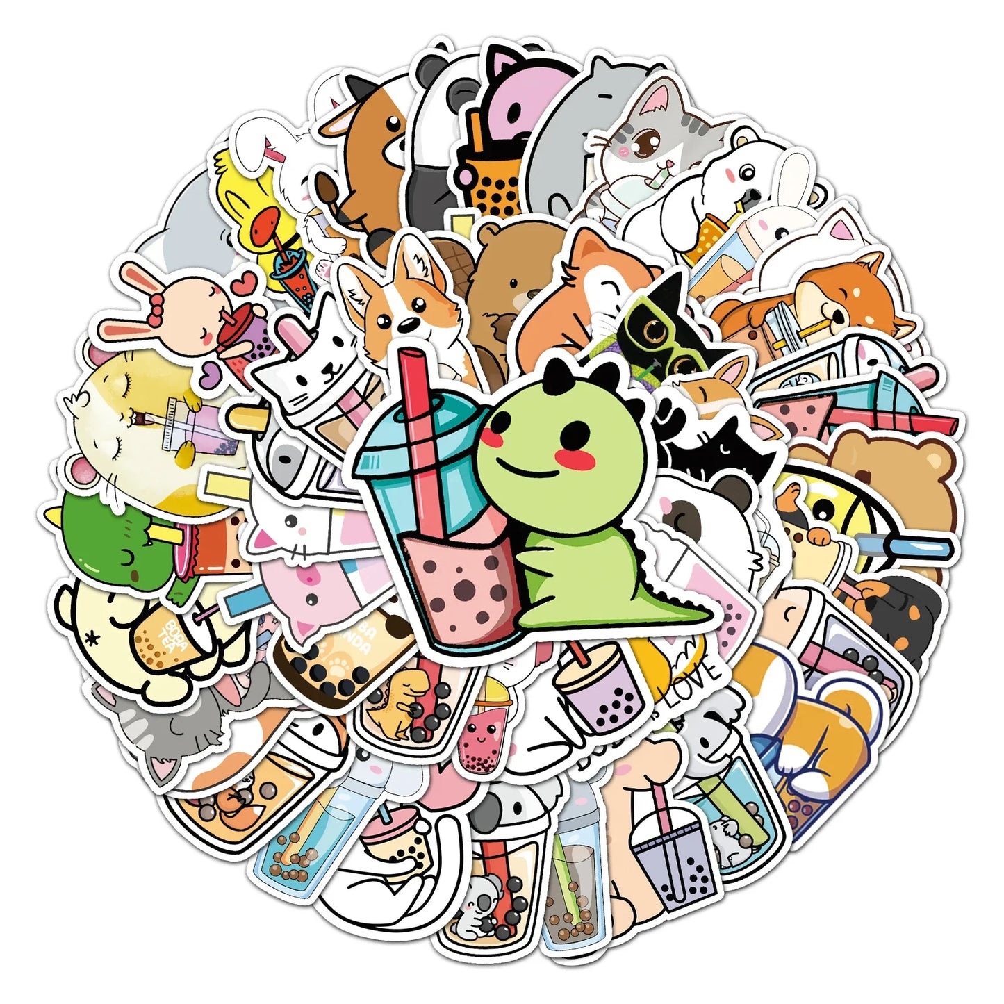 50Pcs Cute Cartoon Pet Milk Tea Waterproof Vinyl Stickers for Skateboard Snowboard Decals