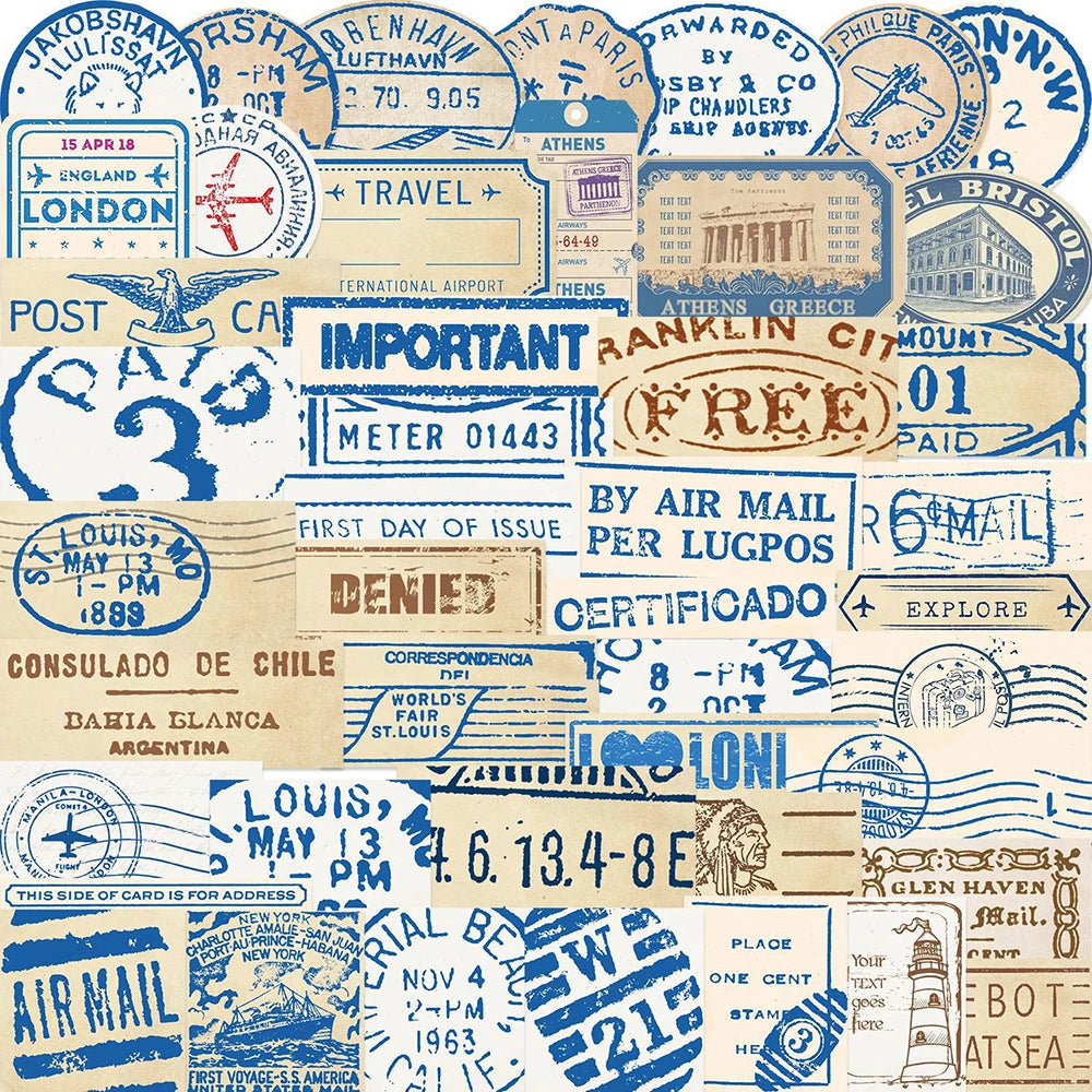 Vintage Travel Ticket Stickers 10/30/50pcs Waterproof PVC for Phone, Skateboard, Luggage, Bike, Helmet