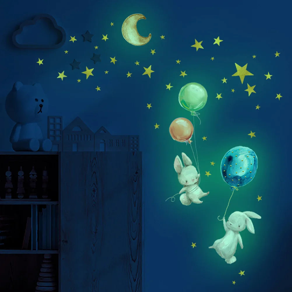 Glow in the Dark Cute Bunny Wall Stickers for Kids Room Decor