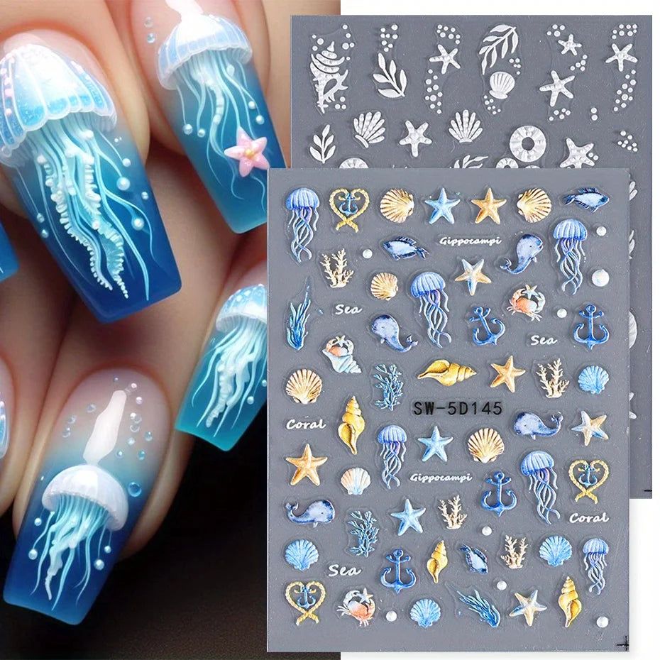 5D Jellyfish Beach Nail Stickers Shell Starfish Mermaid Decals Manicure Foils Decor