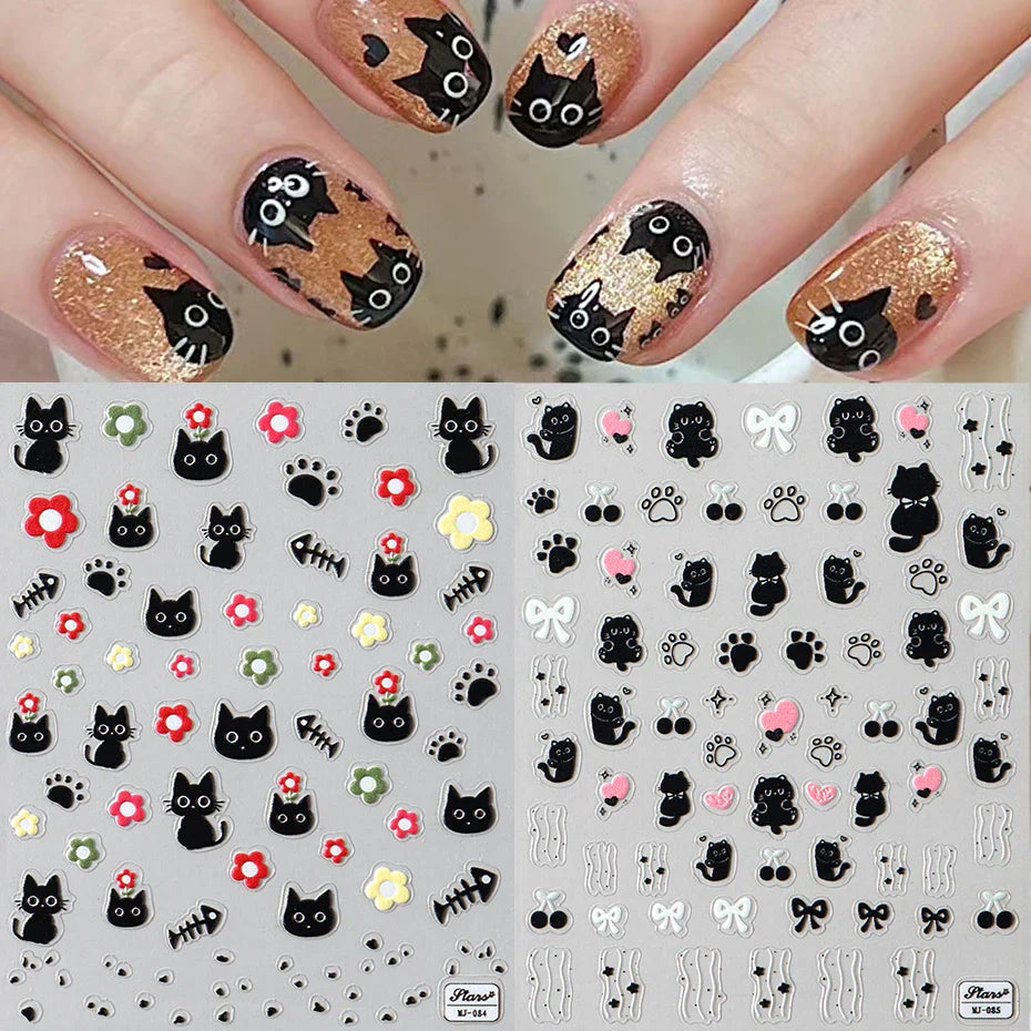Black Cat Nail Stickers 5D Embossed Kawaii Flowers Star Nail Art Sliders Manicure