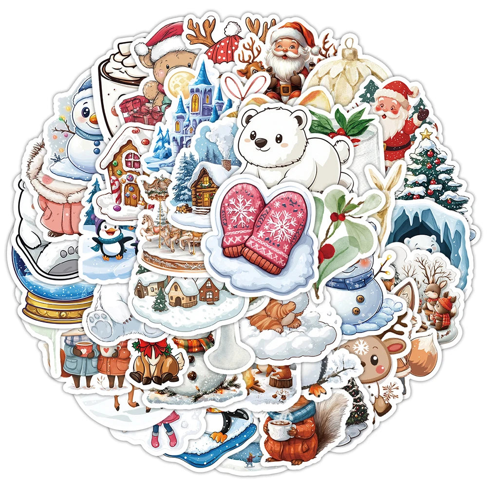 Cute Christmas Snowman Elk Stickers 10/30/50pcs Waterproof Decals for Scrapbook Luggage Phone Bike Kids Toys