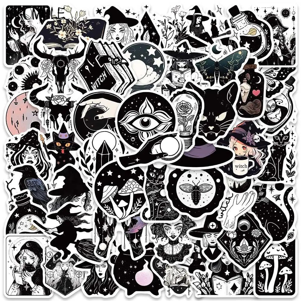 Cartoon Witch Graffiti Stickers Pack - Black & White Aesthetic Decals for Luggage, Guitar, Fridge, Laptop