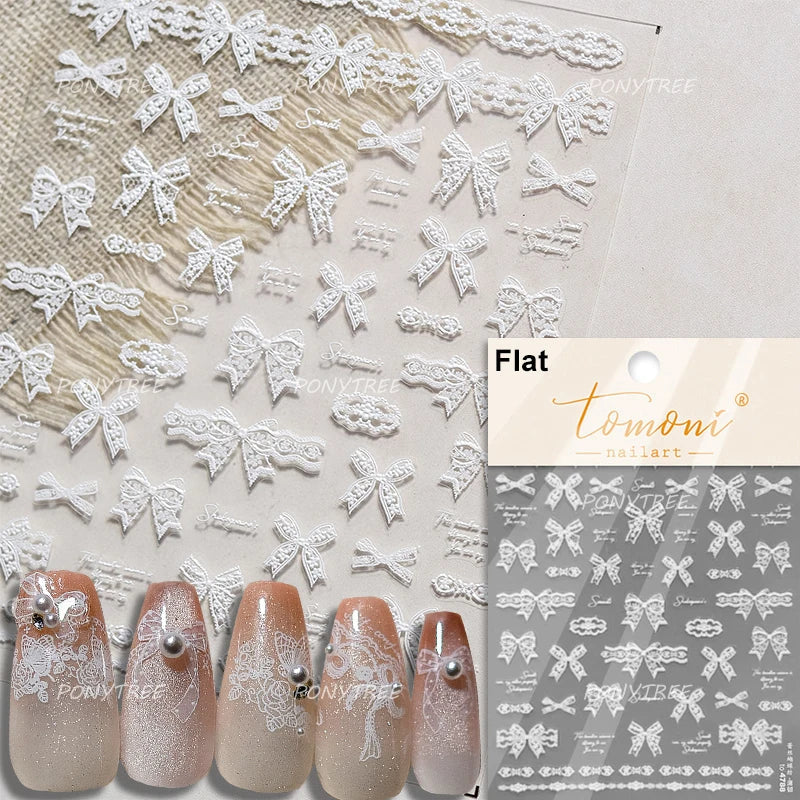 Lace Bowknot Embossed Nail Art Stickers Decals