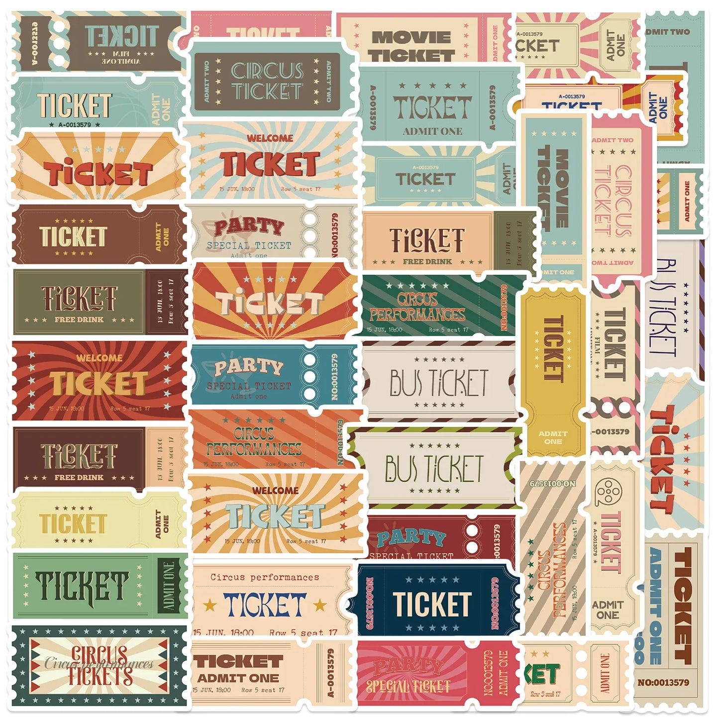 50pcs Vintage Ticket Stickers Waterproof for Laptops & Bottles