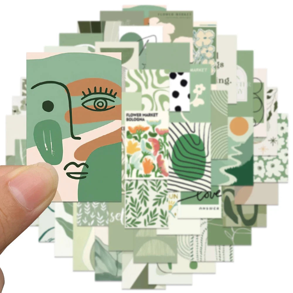 50pcs Ins Style Art Sage Green Aesthetic Stickers Water Bottle Stickers Laptop Luggage Notebook Waterproof Vinyl Car Decals