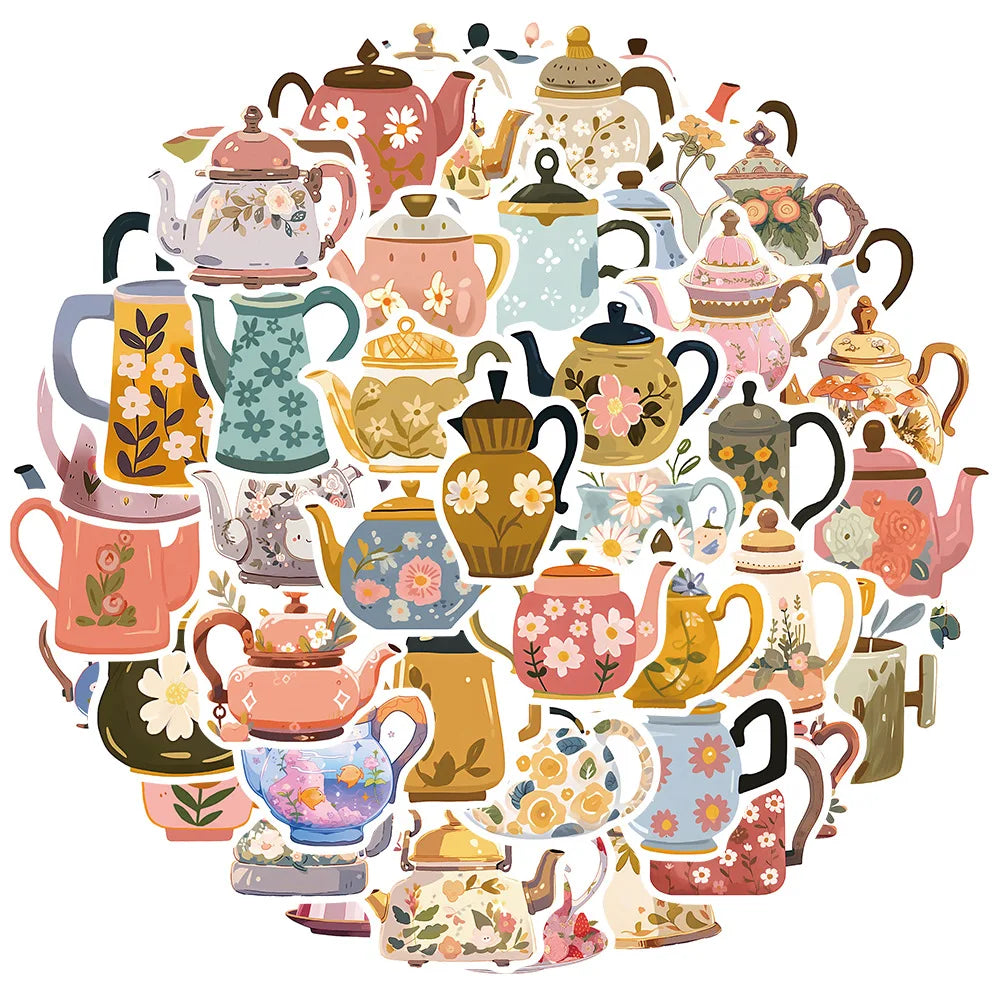 Cartoon Flower Teapot Stickers for Suitcase, Skateboard, Laptop, Luggage, Phone - 10/30/50Pcs