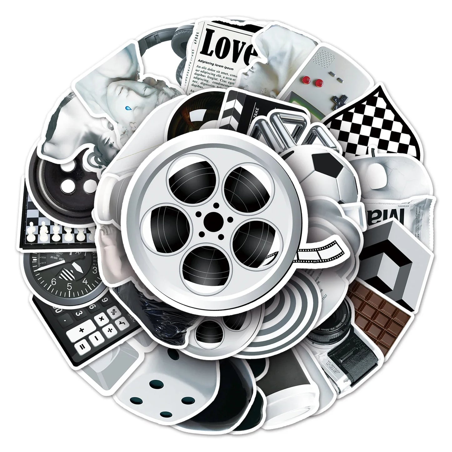 50Pcs Black & White Cartoon Waterproof Vinyl Stickers for Skateboard Snowboard