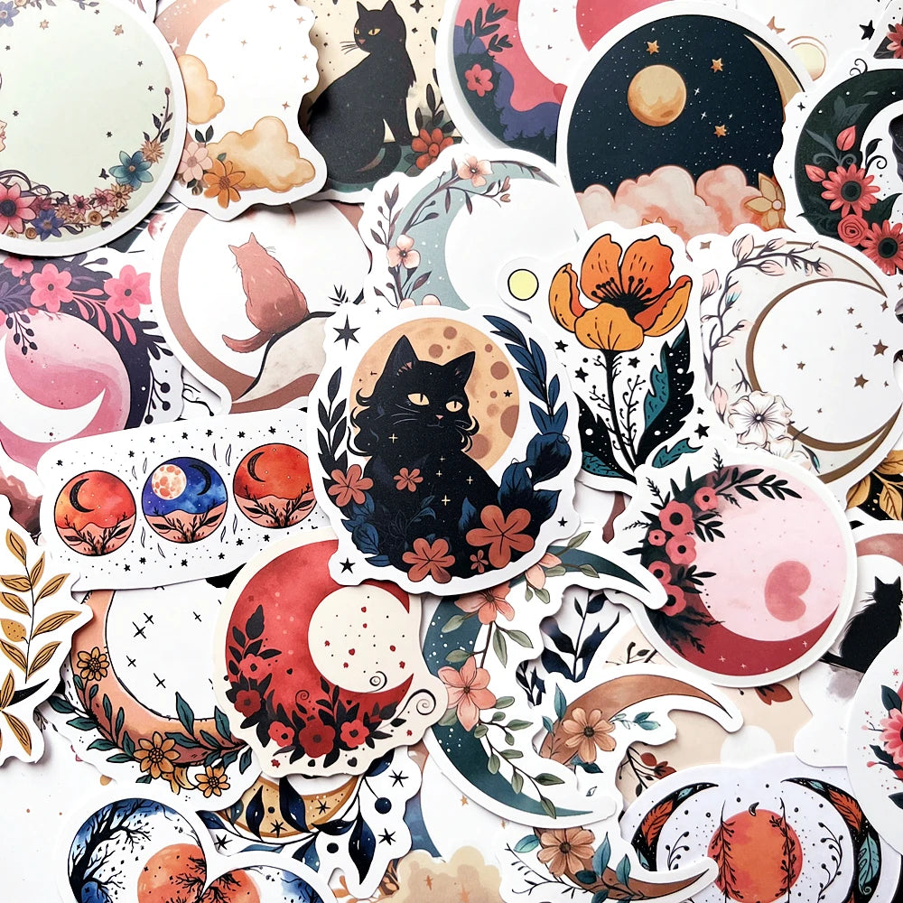 Bohemian Moon Flower Cat Stickers for Scrapbook, Laptop, Water Bottle, Skateboard