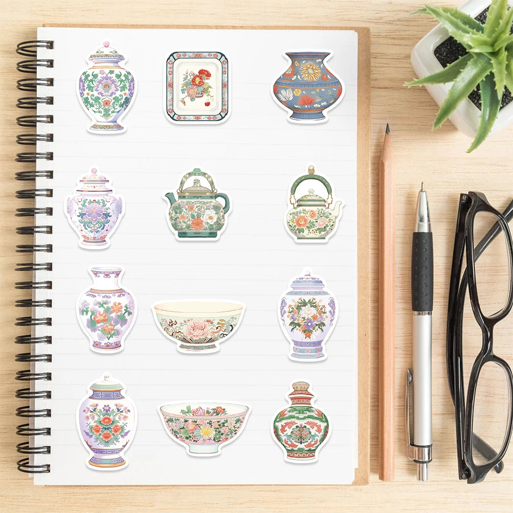 52Pcs Retro Chinese Style Porcelain Design Stickers Self Adhesive DIY Skateboard Guitar Laptop Phone Decals StickerToys