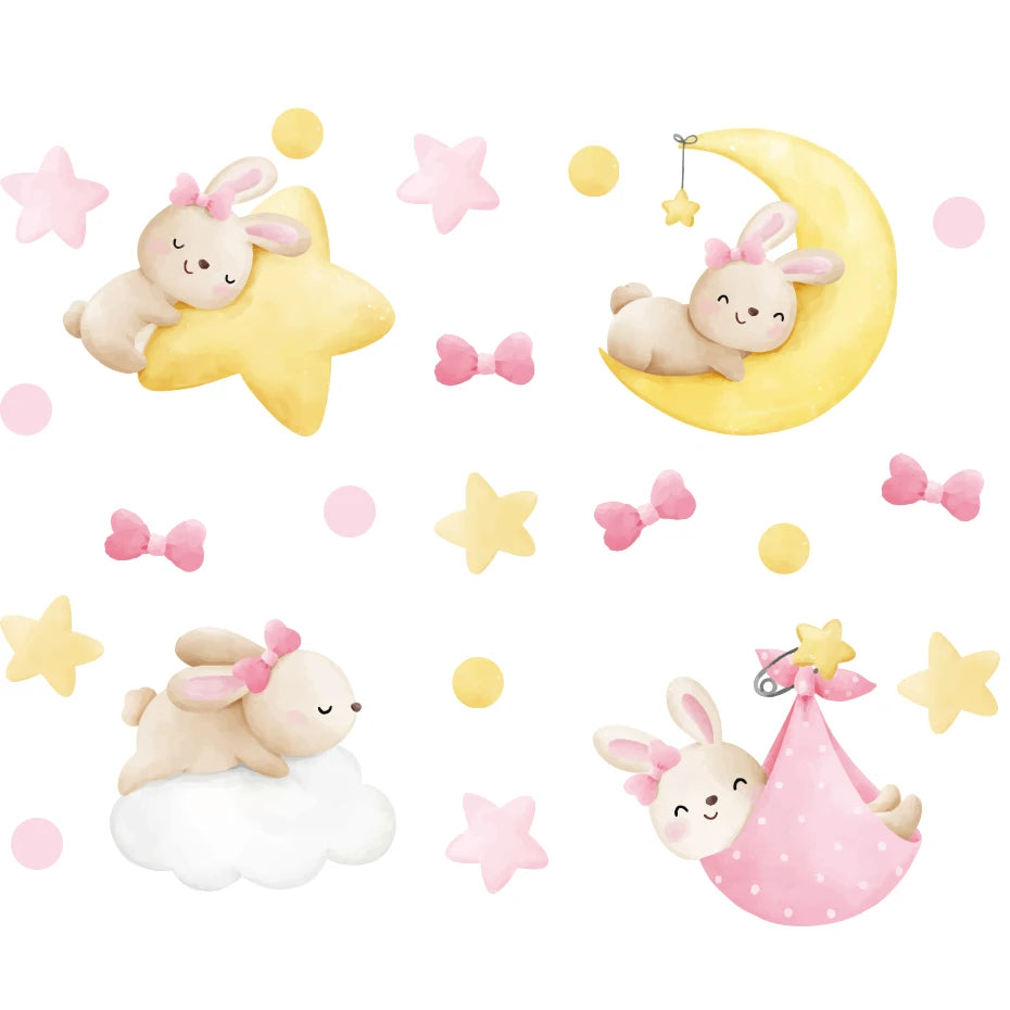 Cute Rabbit Stars Clouds Wall Stickers Removable Kids Room Nursery Decor Decals