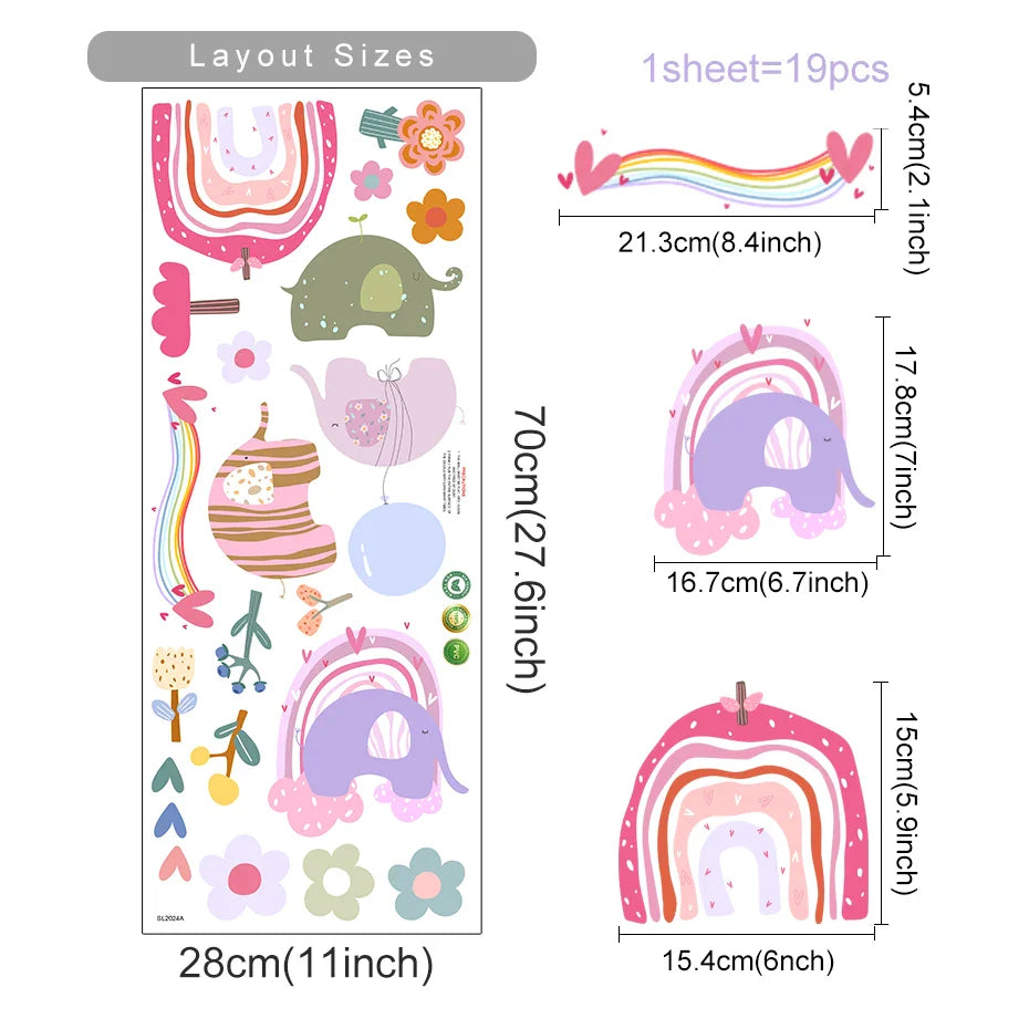 Bohemian Elephant Rainbow Flower Wall Stickers for Living Room, Bedroom, Nursery, Kids Room Decor