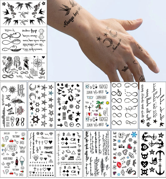 Waterproof Temporary Tattoo Stickers: Letters, Stars, Moon, Anchor, Birds for Body Art