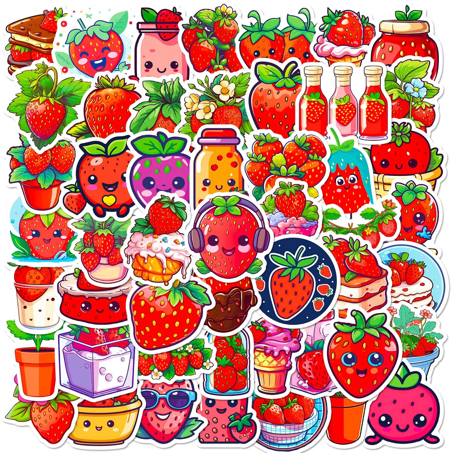 50Pcs Cartoon Strawberry Graffiti Stickers for Helmet, Wall, DIY Decoration