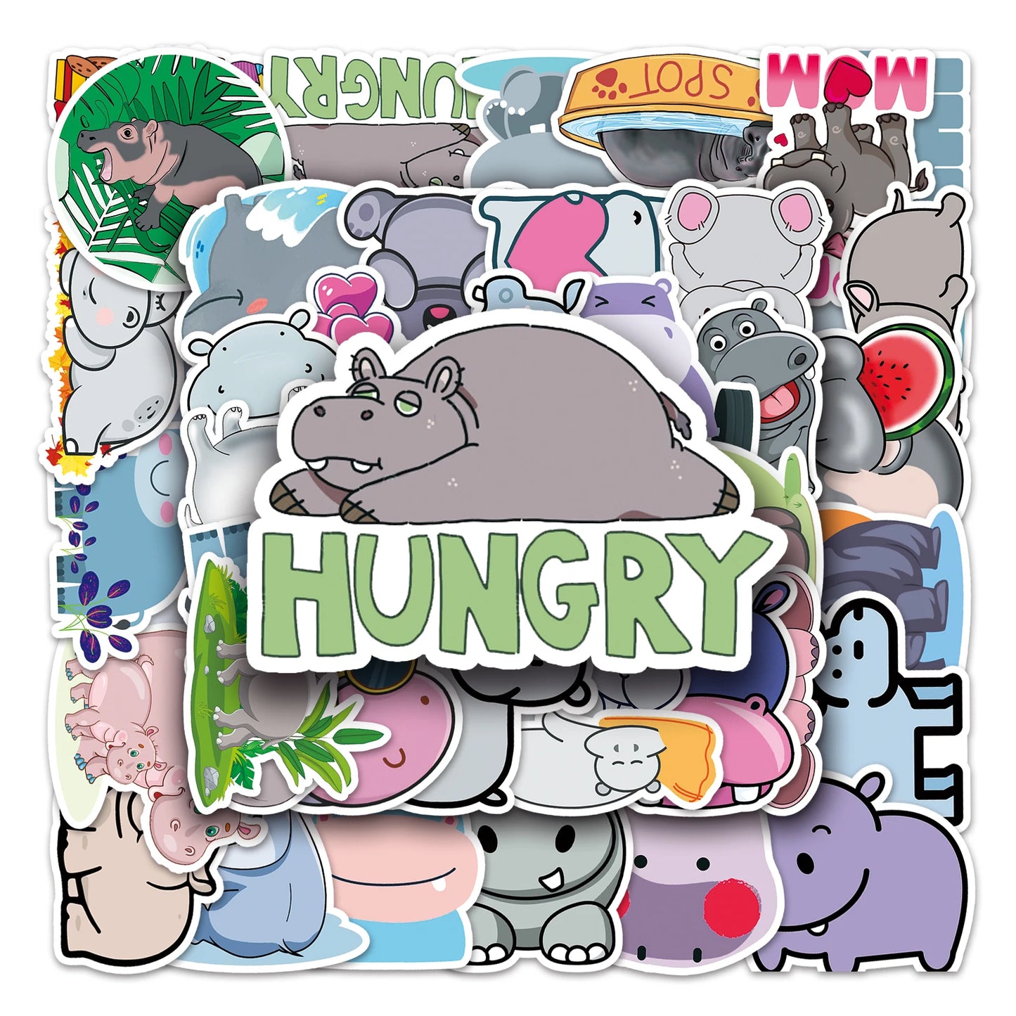 50Pcs Hippo Cartoon Waterproof Vinyl Stickers for Skateboard Snowboard