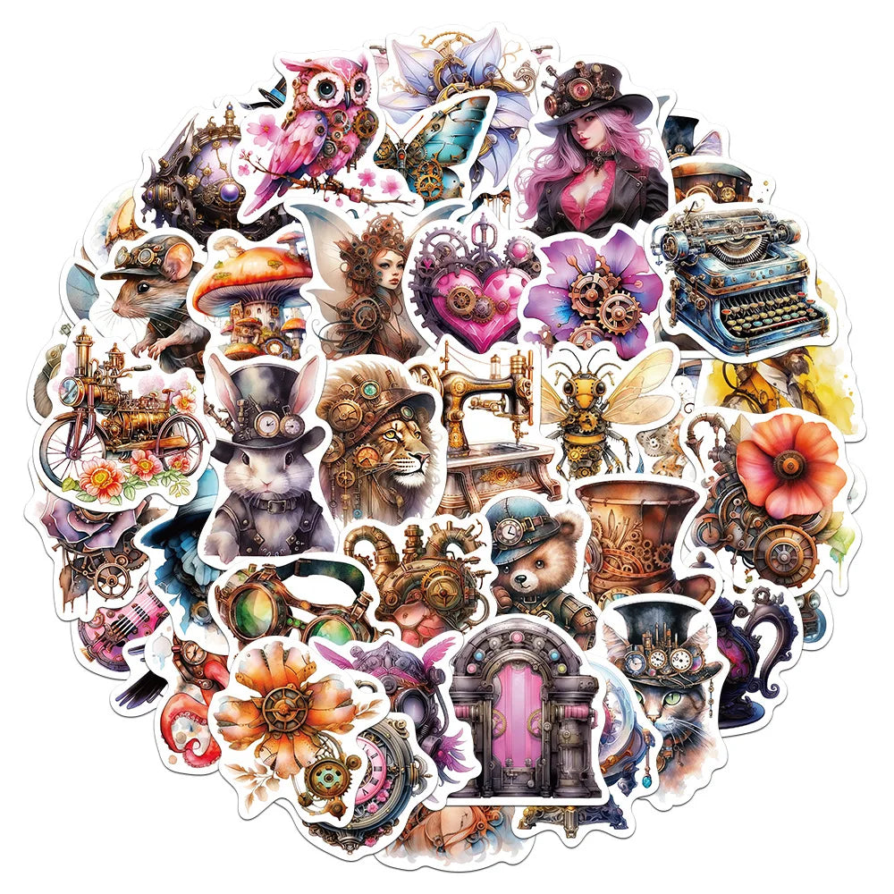Watercolor Steampunk AI Graffiti Stickers for Laptop, Motorcycle, Luggage, Snowboard, Fridge (10/30/50pcs)
