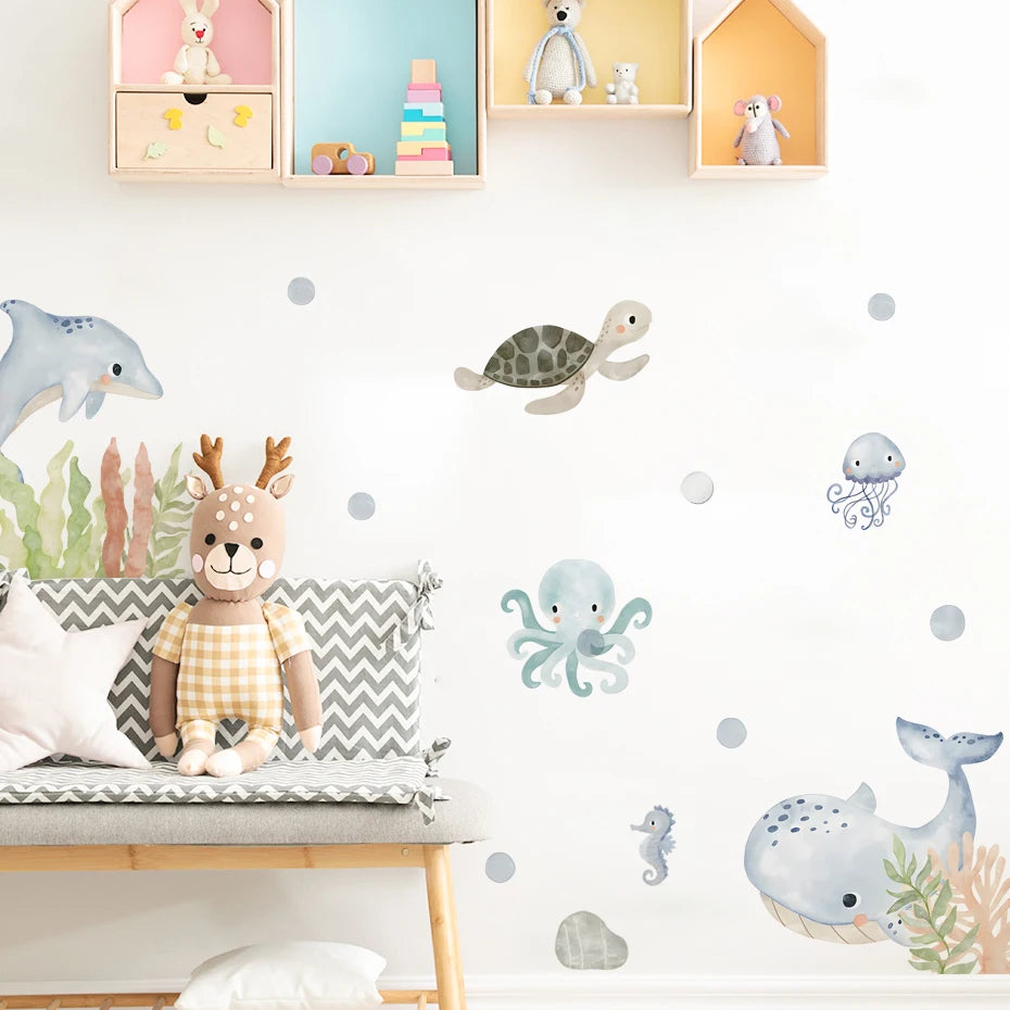 Cute Marine Life Wall Decals: Dolphin, Whale, Seaweed Nursery Stickers for Kids Room Decor