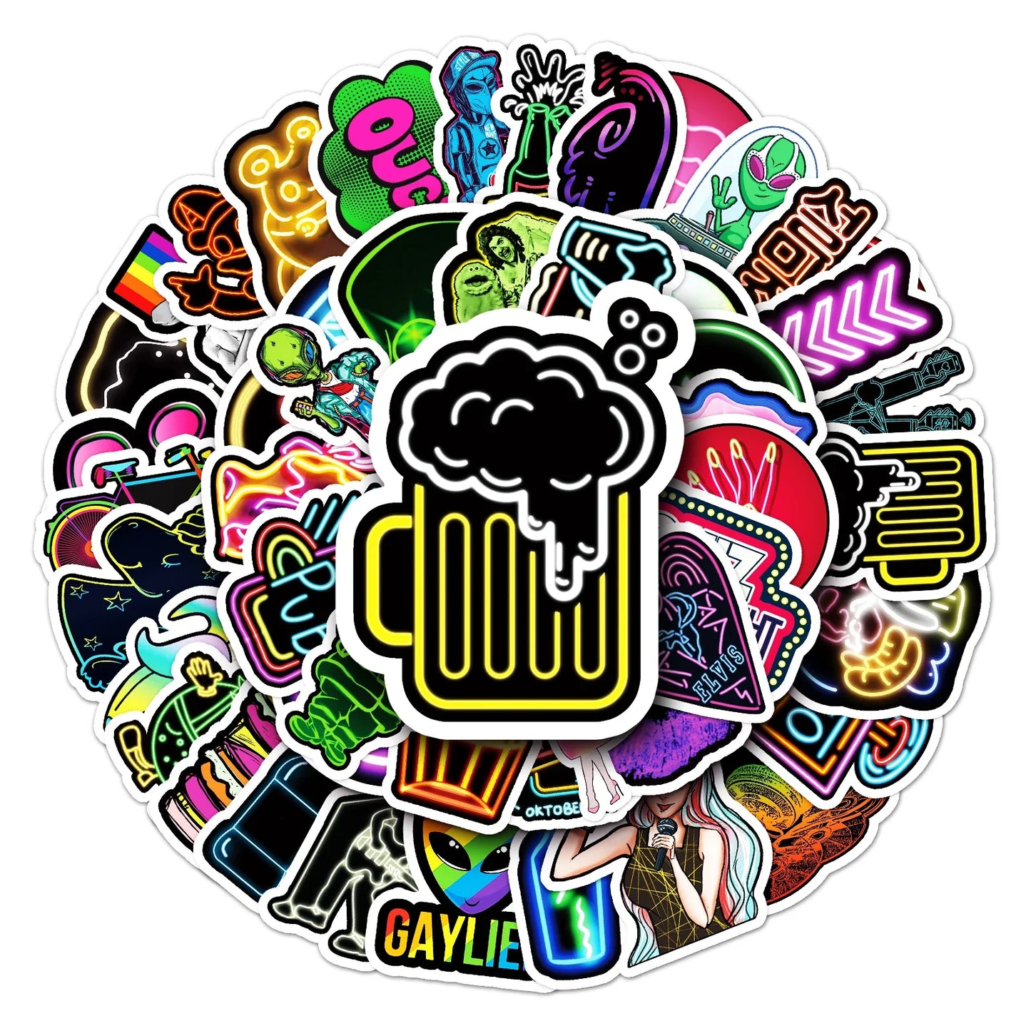 50Pcs Neon Cartoon Waterproof Vinyl Stickers for Skateboard Snowboard