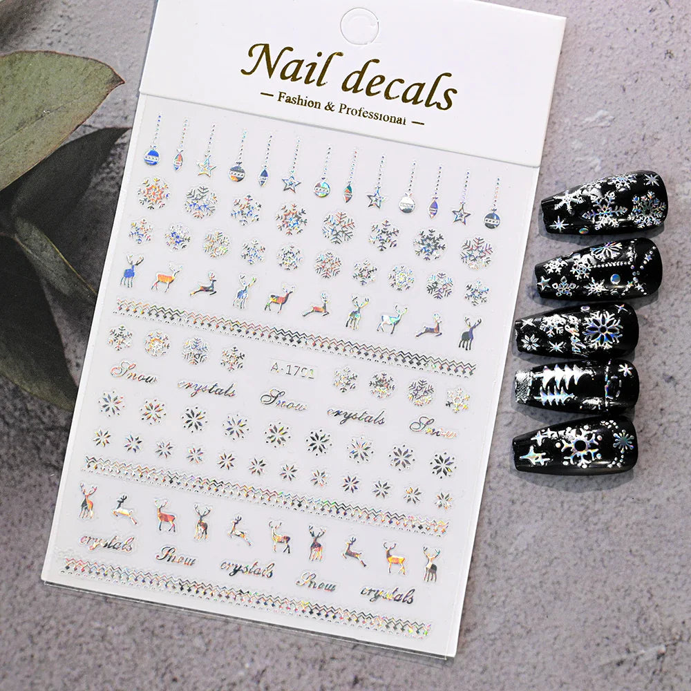 3D Winter Nail Stickers: Snowflake, Santa, Penguin, Elk