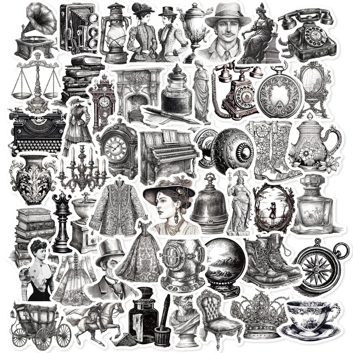 Mixed Black White Retro Graffiti Stickers for Laptop Guitar Phone Suitcase Helmet