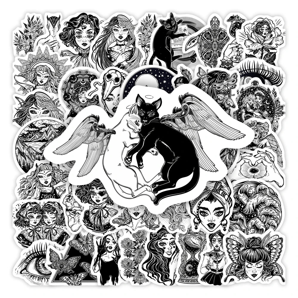 Cool Cartoon Gothic Witch Girl Stickers Black Aesthetic Art Decal for Laptop Phone Scrapbook Luggage Decorative