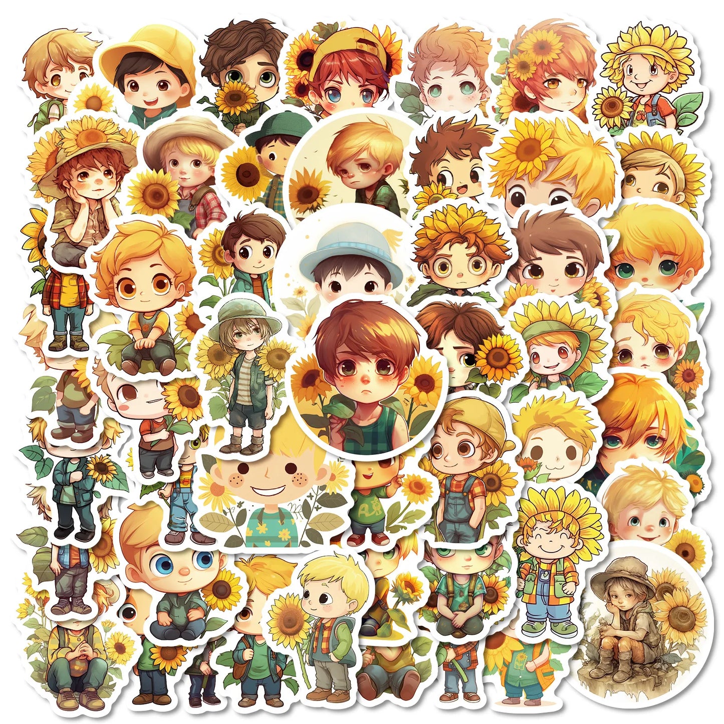 50Pcs Cartoon Sunflower Boy Stickers for Helmet, Wall, DIY Decor