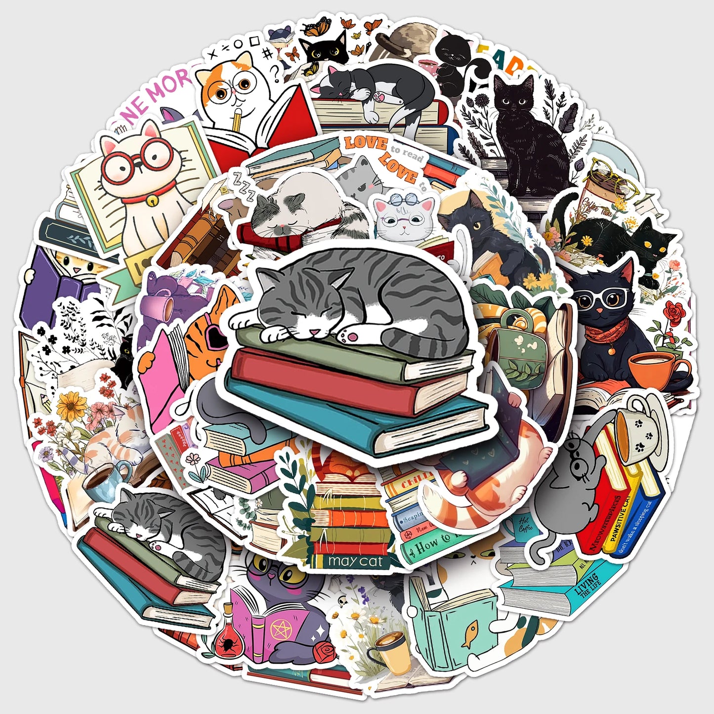 50Pcs Cat Reading Cartoon Waterproof Vinyl Stickers for Skateboard Snowboard