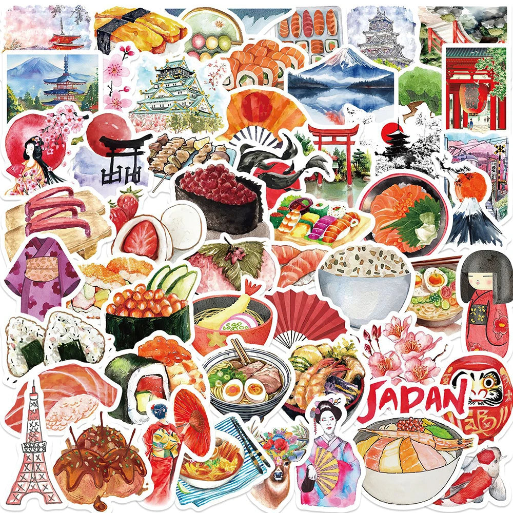 Kawaii Sushi Stickers 10/30/64pcs Cartoon Decals for Laptop, Phone, Skateboard, Suitcase, Guitar, Bike